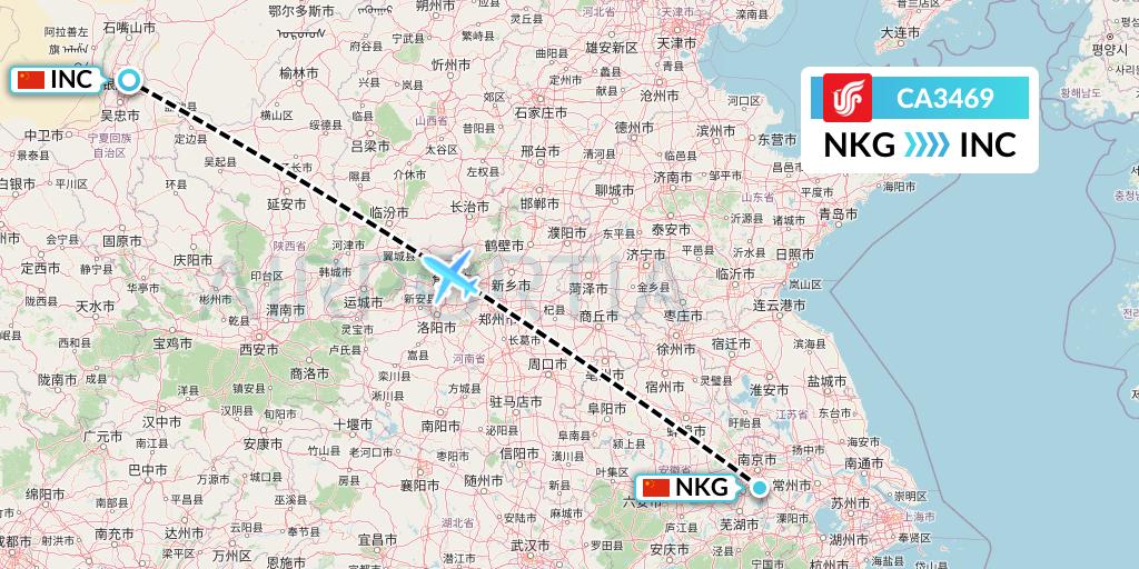 CA3469 Air China Flight Map: Nanjing to Yinchuan