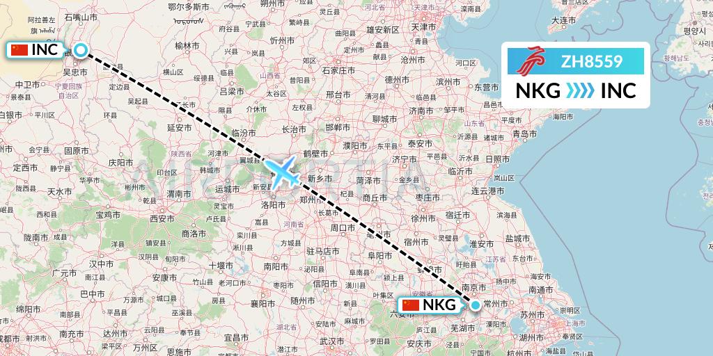 ZH8559 Shenzhen Airlines Flight Map: Nanjing to Yinchuan