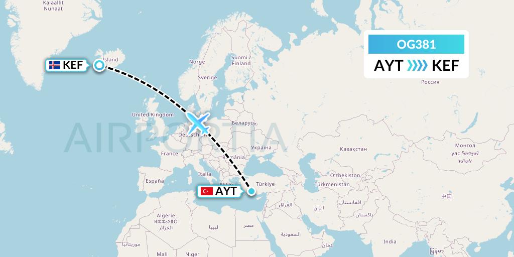 OG381 Fly Play Flight Map: Antalya to Reykjavik