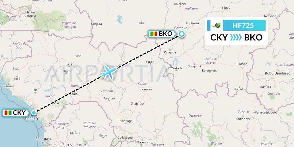 HF725 Air Cote d'Ivoire Flight Map: Conakry to Bamako