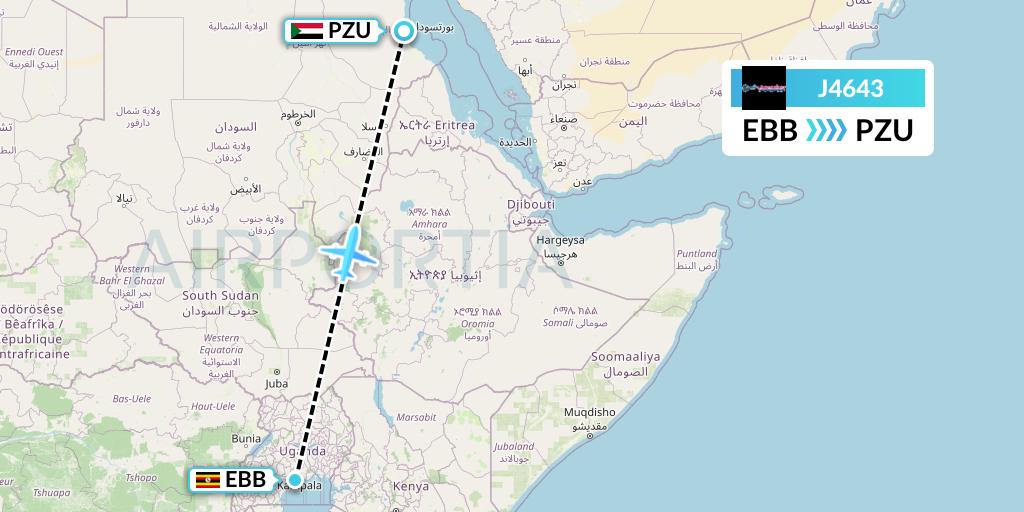 J4643 Badr Airlines Flight Map: Entebbe to Port Sudan