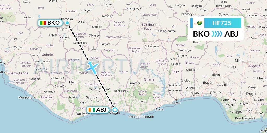 HF725 Air Cote d'Ivoire Flight Map: Bamako to Abidjan