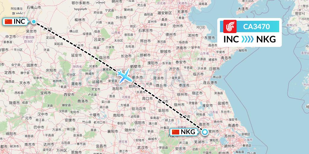CA3470 Air China Flight Map: Yinchuan to Nanjing