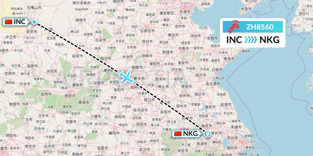 ZH8560 Shenzhen Airlines Flight Map: Yinchuan to Nanjing