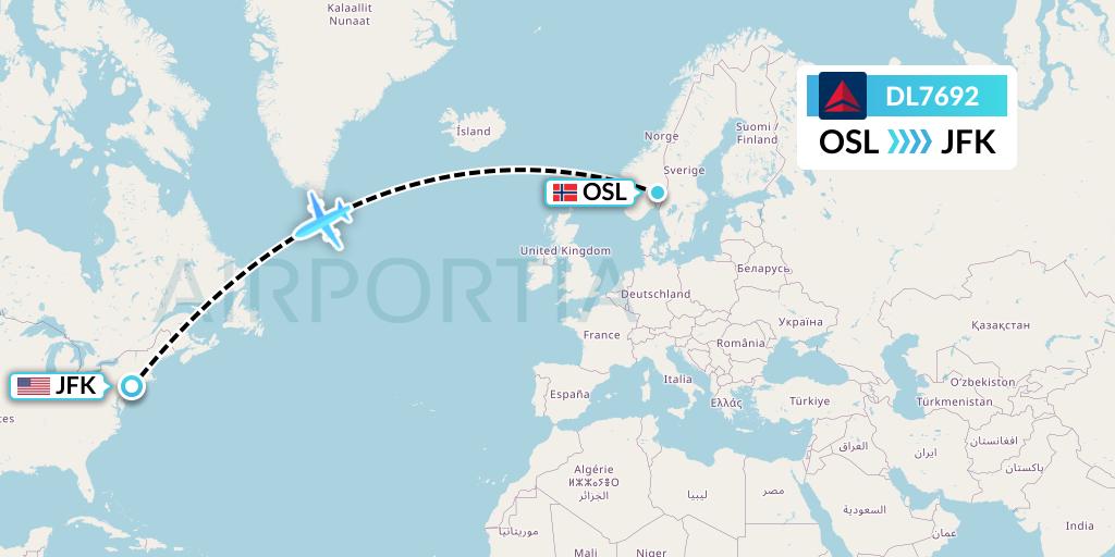 DL7692 Delta Air Lines Flight Map: Oslo to New York