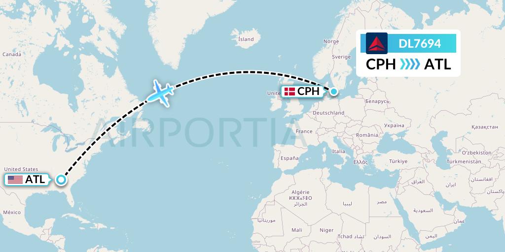 DL7694 Delta Air Lines Flight Map: Copenhagen to Atlanta
