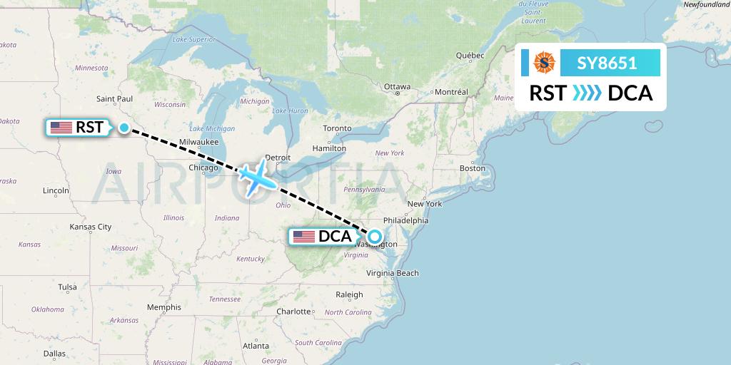 SY8651 Sun Country Airlines Flight Map: Rochester to Washington