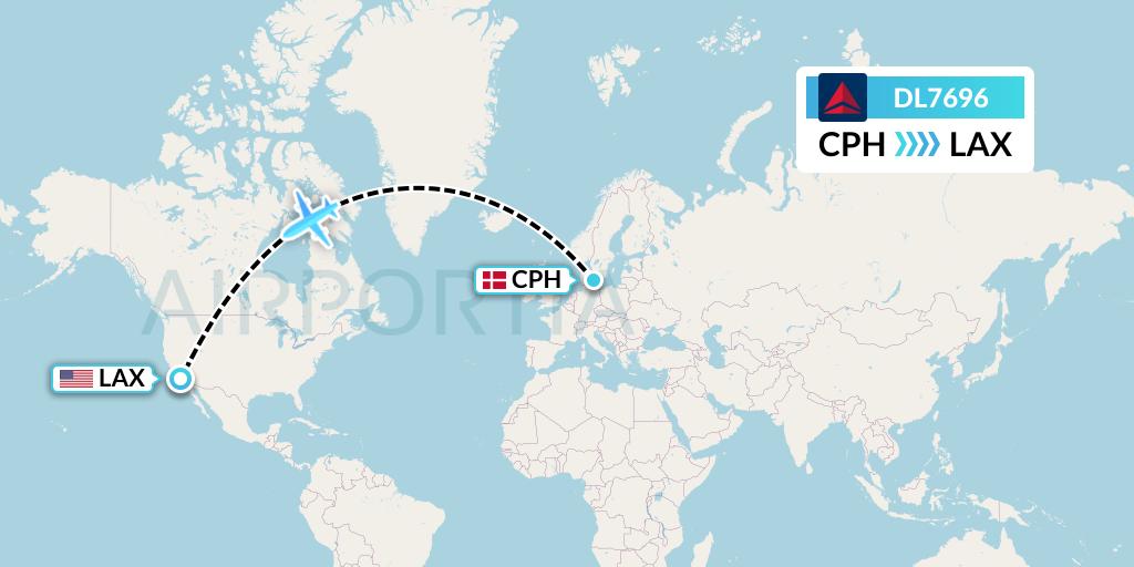 DL7696 Delta Air Lines Flight Map: Copenhagen to Los Angeles