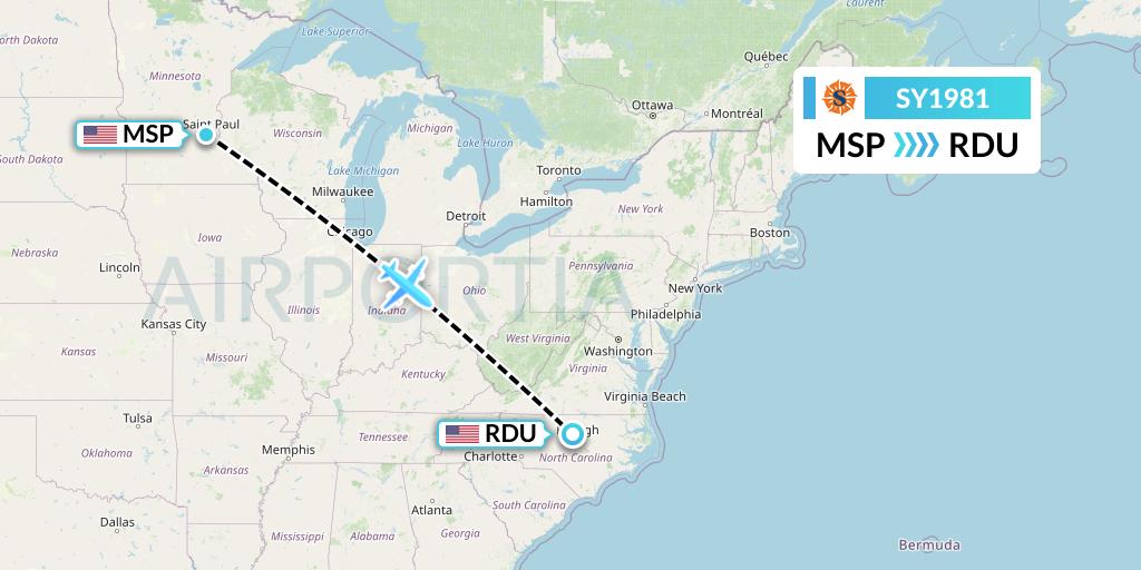 SY1981 Sun Country Airlines Flight Map: Minneapolis to Raleigh-Durham