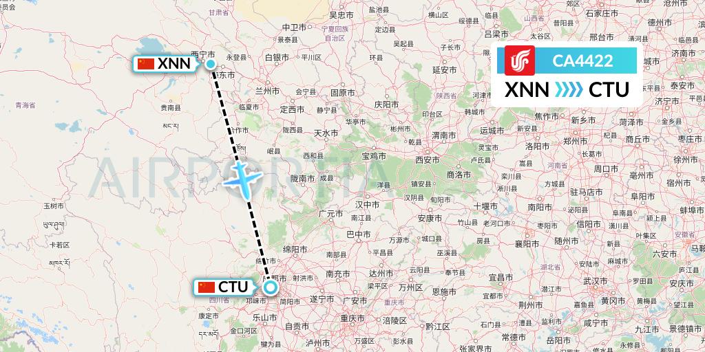 CA4422 Air China Flight Map: Xining to Chengdu