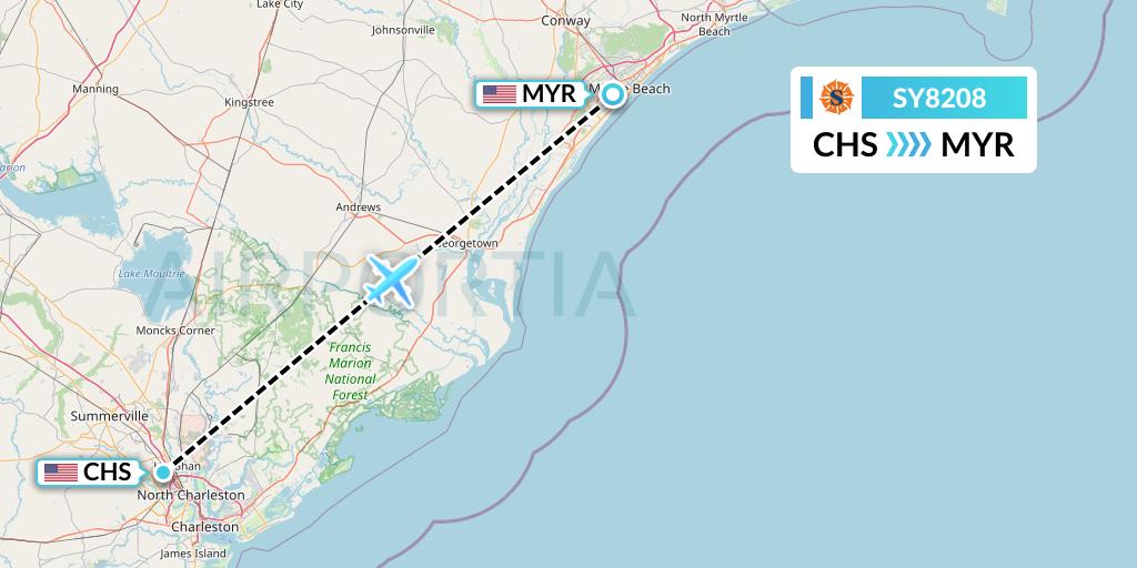 SY8208 Sun Country Airlines Flight Map: Charleston to Myrtle Beach