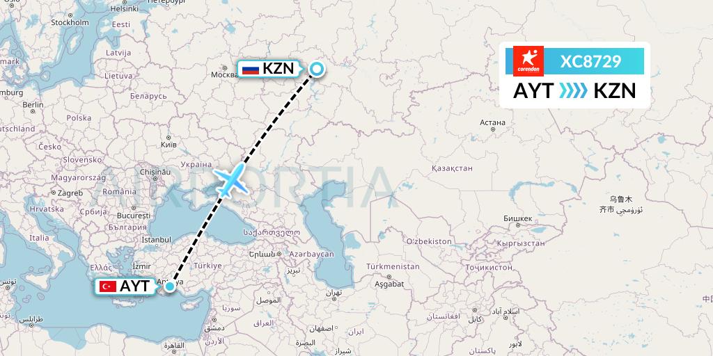 XC8729 Corendon Airlines Flight Map: Antalya to Kazan
