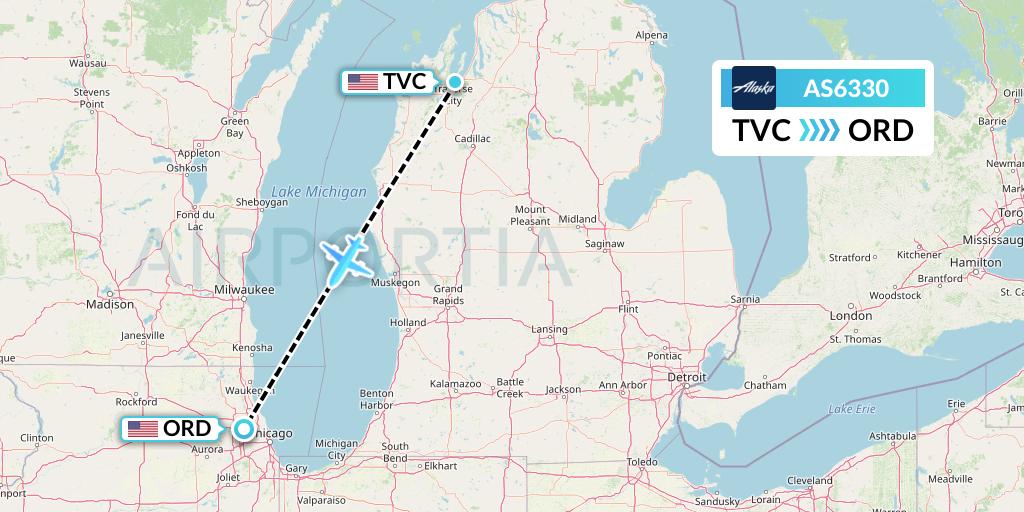 AS6330 Alaska Airlines Flight Map: Traverse City to Chicago