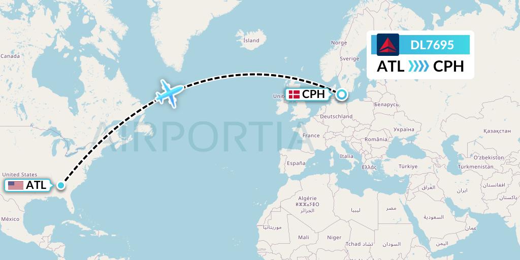 DL7695 Delta Air Lines Flight Map: Atlanta to Copenhagen