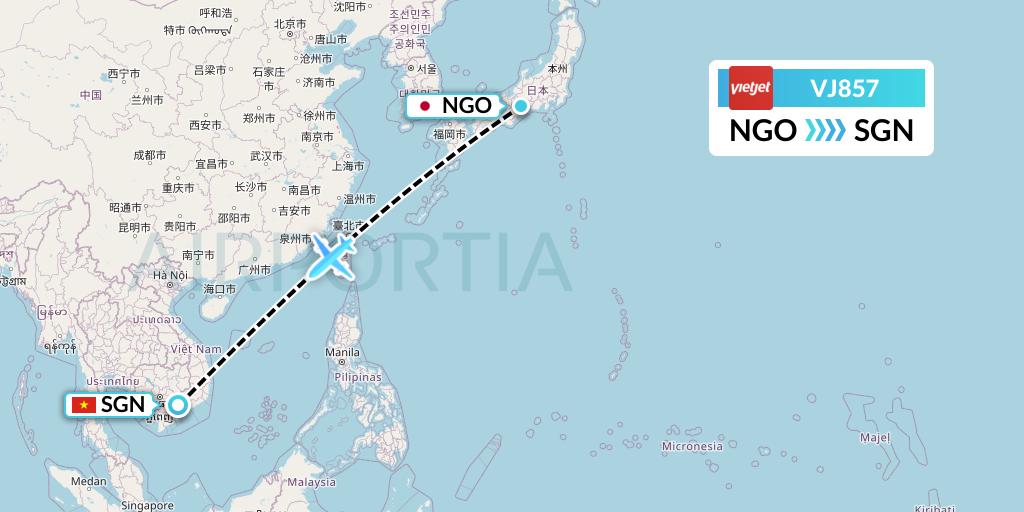 VJ857 VietJet Air Flight Map: Nagoya to Ho Chi Minh City