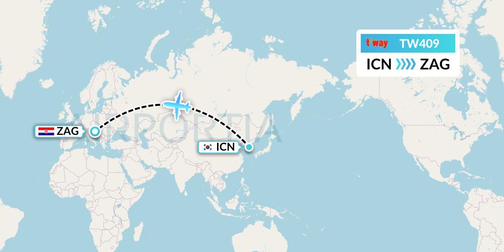 TW409 T'way Air Flight Map: Seoul to Zagreb