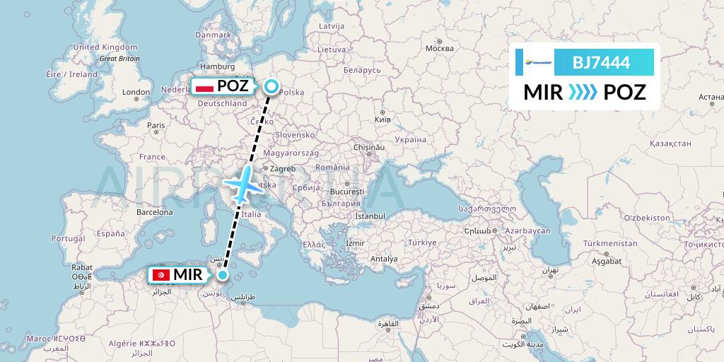 BJ7444 Nouvelair Tunisie Flight Map: Monastir to Poznan