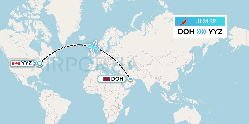 UL3132 SriLankan Airlines Flight Map: Doha to Toronto