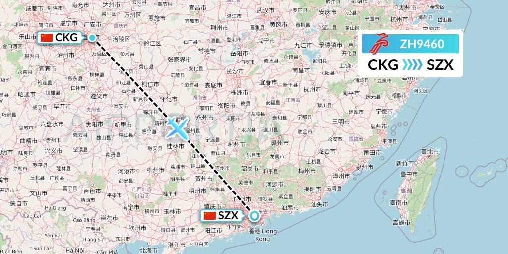 ZH9460 Shenzhen Airlines Flight Map: Chongqing to Shenzhen