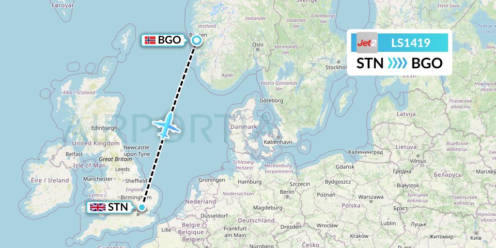 LS1419 Jet2 Flight Map: London to Bergen