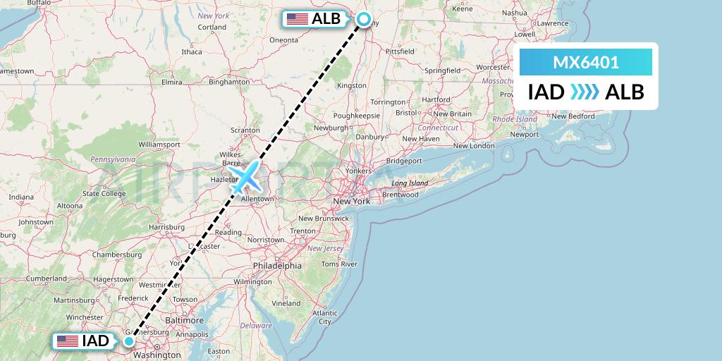 MX6401 Breeze Airways Flight Map: Washington to Albany