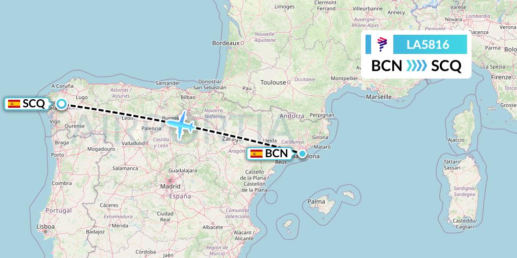 LA5816 LAN Airlines Flight Map: Barcelona to Santiago