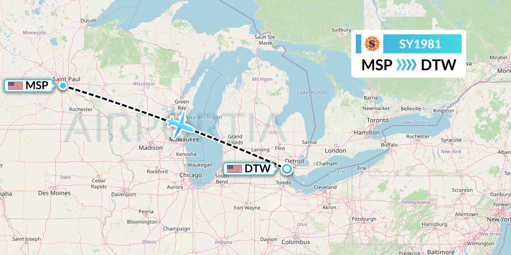 SY1981 Sun Country Airlines Flight Map: Minneapolis to Detroit