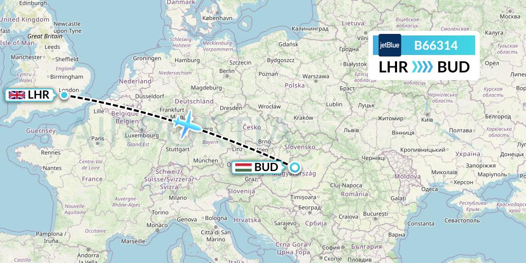 B66314 JetBlue Airways Flight Map: London to Budapest