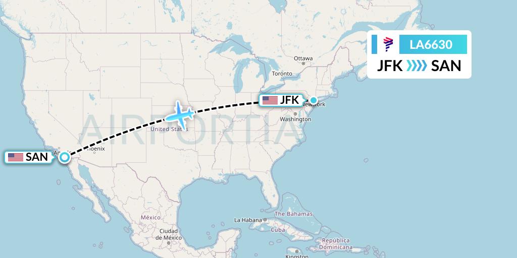 LA6630 LAN Airlines Flight Map: New York to San Diego