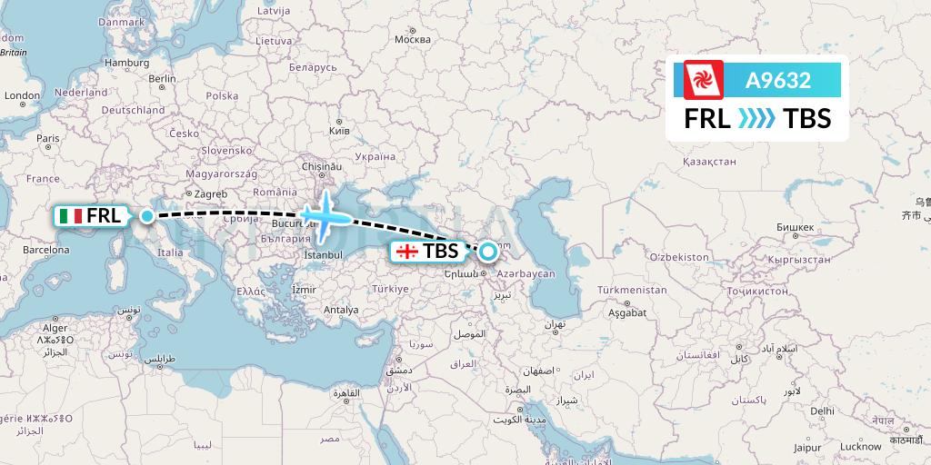 A9632 Georgian Airways Flight Map: Forli to Tbilisi