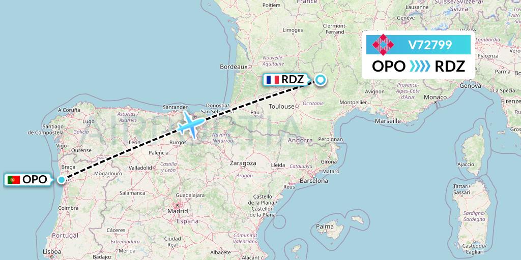 V72799 Volotea Flight Map: Porto to Rodez