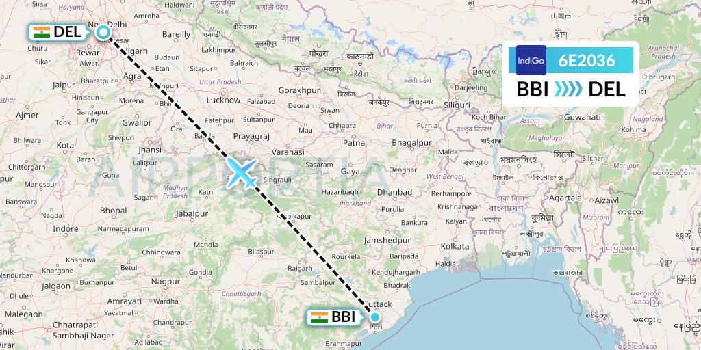 6E2036 IndiGo Airlines Flight Map: Bhubaneswar to Delhi