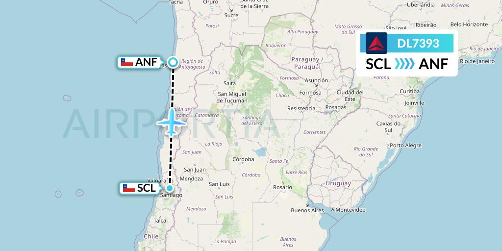 DL7393 Delta Air Lines Flight Map: Santiago to Antofagasta