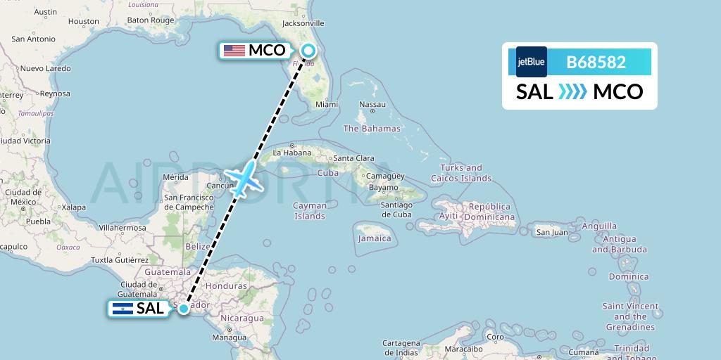 B68582 JetBlue Airways Flight Map: San Salvador to Orlando