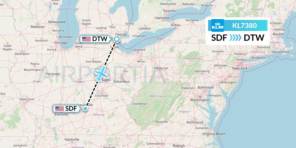 KL7380 KLM Flight Map: Louisville to Detroit