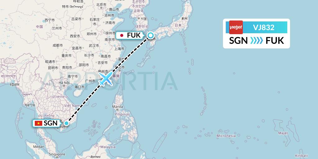 VJ832 VietJet Air Flight Map: Ho Chi Minh City to Fukuoka