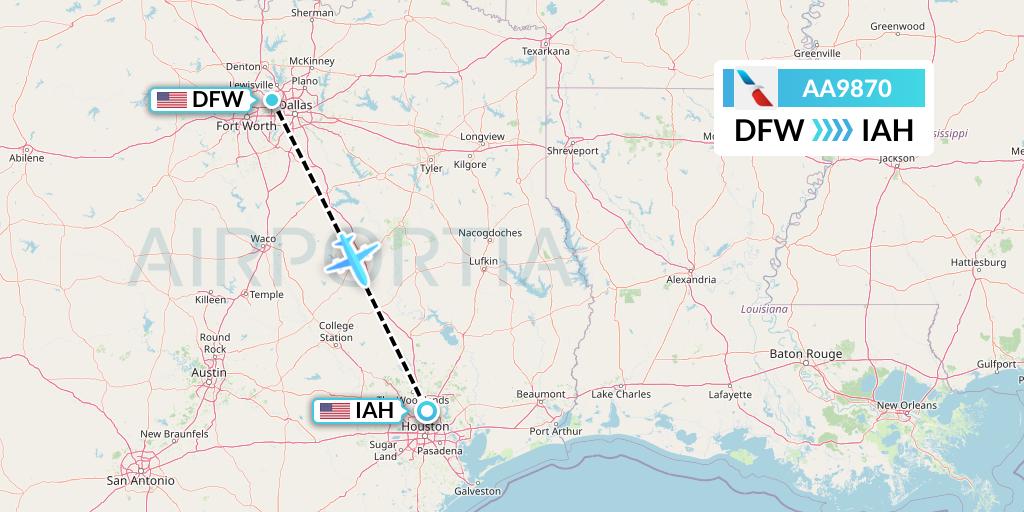 AA9870 American Airlines Flight Map: Dallas to Houston