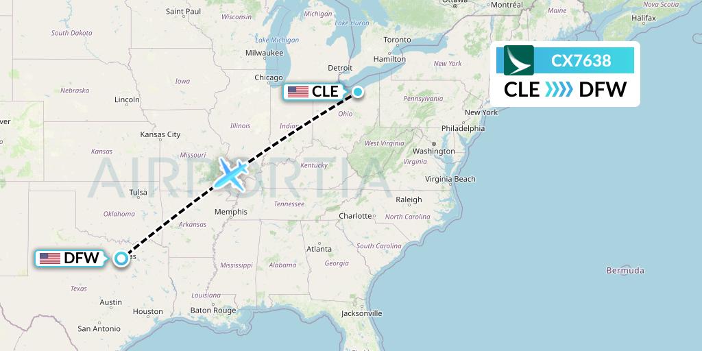 CX7638 Cathay Pacific Flight Map: Cleveland to Dallas