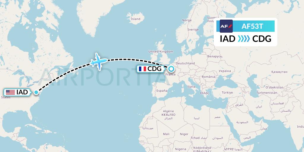 AF53T Air France Flight Map: Washington to Paris