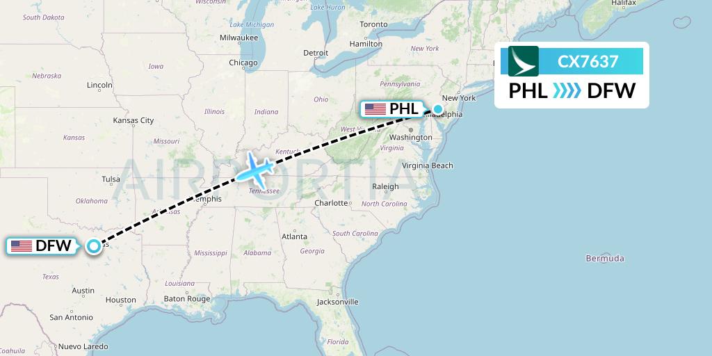 CX7637 Cathay Pacific Flight Map: Philadelphia to Dallas