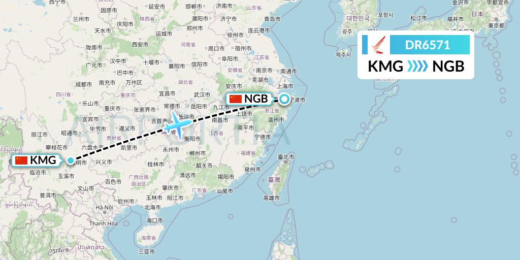 DR6571 Ruili Airlines Flight Map: Kunming to Ningbo