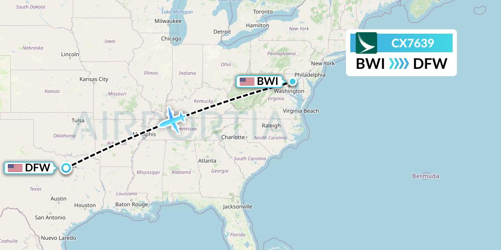 CX7639 Cathay Pacific Flight Map: Baltimore to Dallas