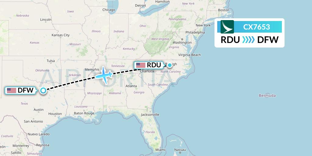 CX7653 Cathay Pacific Flight Map: Raleigh-Durham to Dallas