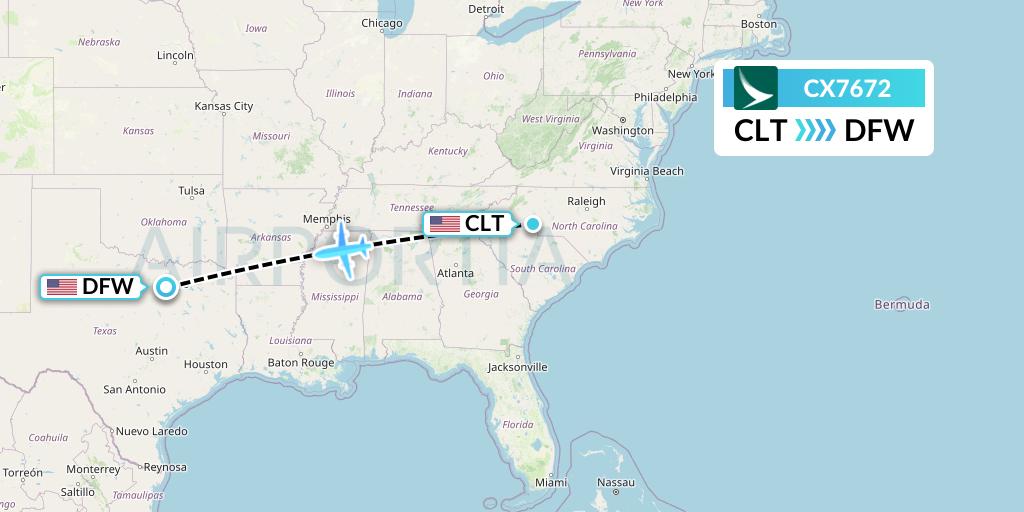 CX7672 Cathay Pacific Flight Map: Charlotte to Dallas