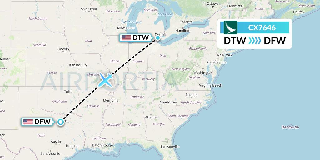CX7646 Cathay Pacific Flight Map: Detroit to Dallas