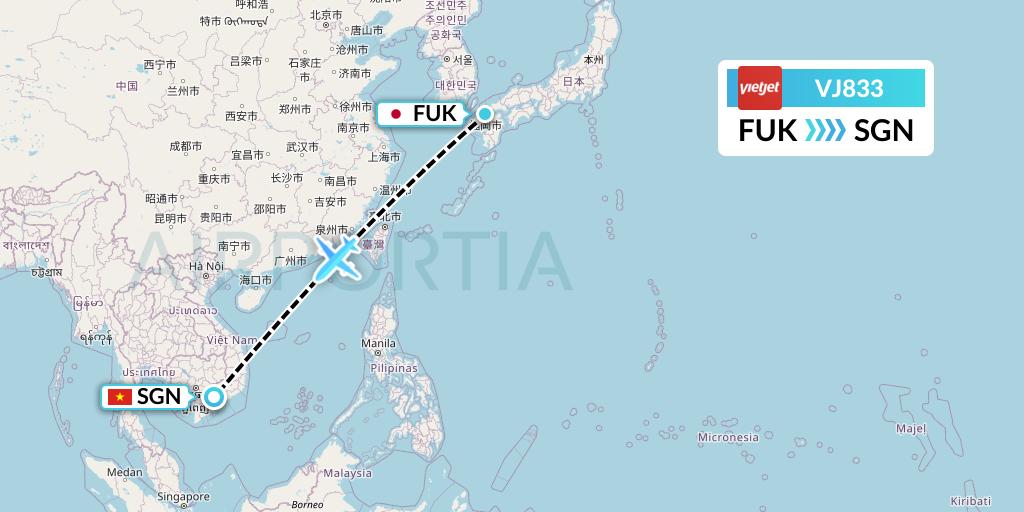 VJ833 VietJet Air Flight Map: Fukuoka to Ho Chi Minh City