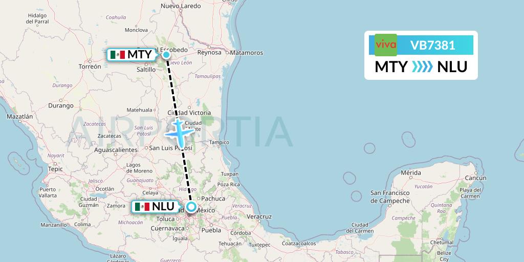 VB7381 VivaAerobus Flight Map: Monterrey to Reyes Acozac