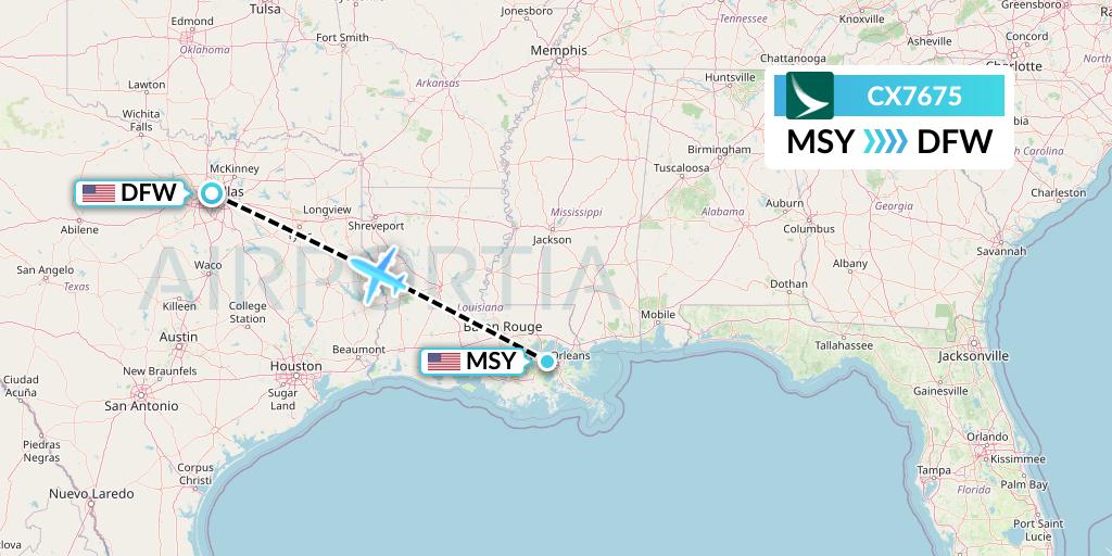 CX7675 Cathay Pacific Flight Map: New Orleans to Dallas