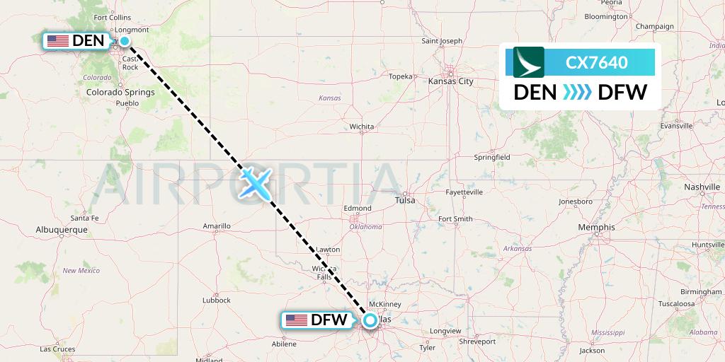 CX7640 Cathay Pacific Flight Map: Denver to Dallas