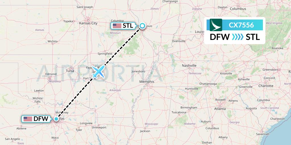 CX7556 Cathay Pacific Flight Map: Dallas to St. Louis